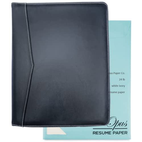 Opus Resume Portfolio w/ Resume Paper – Leather Interview Portfolio Padfolio Folder Matte Black w/ White Stitching