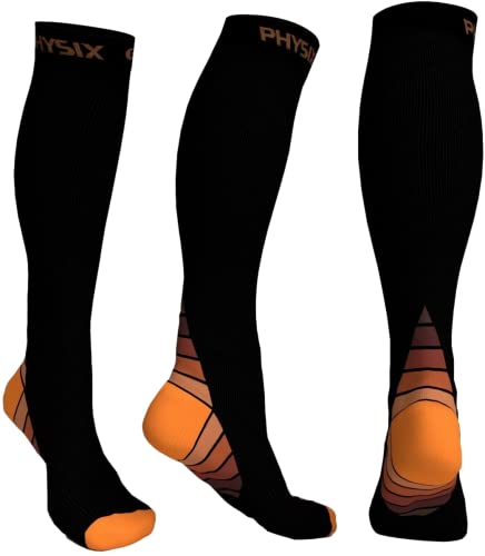 Physix Gear Compression Socks for Men & Women 20-30 mmhg Graduated Athletic for Running Nurses Shin Splints Flight Travel & Maternity Pregnancy - Boost Stamina Circulation & Recovery ORG LXL (1 Pair)
