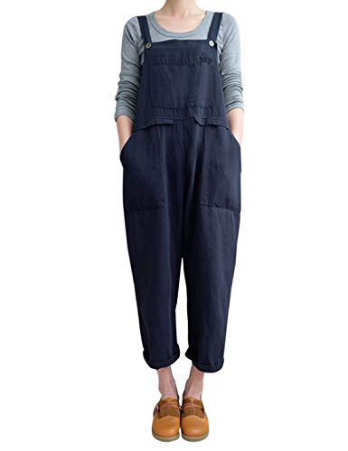 Gihuo Women's Fashion Baggy Loose Linen Overalls Jumpsuit Oversized Casual Sleeveless Rompers with Pockets (Navy, Small)