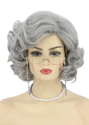 Topcosplay Old Lady Wig and Accessories 5pcs Set Granny Costume Wig Grandma wig Halloween Party Wigs