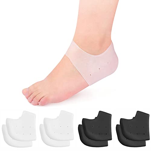 Silicone Heel Protectors for Cracked Heels, Heel Spurs, Plantar Fasciitis - Gel Heel Pads, 4 Pairs, Unisex, Black and White