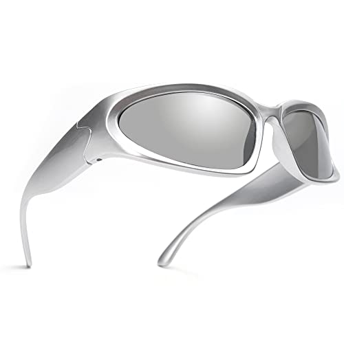 GUVIVI Wrap Around Fashion Sunglasses for Men Women Trendy Swift Oval Silver Mirrored Sunglasses Shades Glasses Eyeglasses