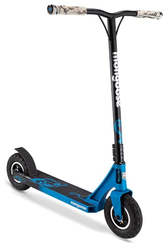 Mongoose Tread Pro Youth/Adult Freestyle Dirt Kick Scooter, Ages 8 Years and Up, Air Filled Tires, Max Rider Weight 220 Pounds, Black/Blue