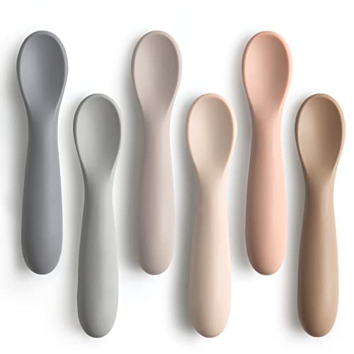 6 Pack Baby Spoons, Shorter Length for Self Feeding, First Stage Spoons, Food Grade Silicone, 6+ Months, Baby Training Spoons Infant Spoons, Dishwasher Safe & Boil-proof