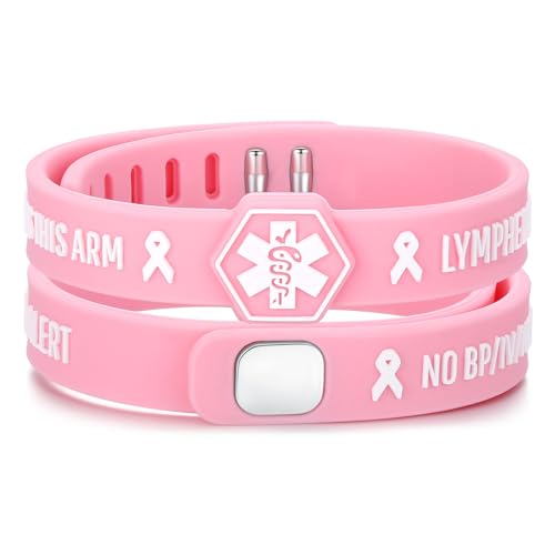 LinnaLove Lymphedema Alert no bp/iv/Needles Bracelet Medical Alert ID Silicone Pink Ribbon Breast Cancer Awareness Wristbands-Sport-Pink