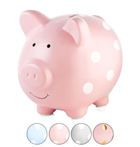Pearhead Large Ceramic Piggy Bank, Baby Girl Nursery Décor, Money Bank For Kids, Baby Keepsake, Gift For New And Expecting Parents, Pink Polka Dots