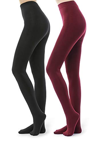 G&Y 2 Pairs Fleece Lined Tights for Women - 100D Opaque Warm Winter Pantyhose (Black Burgandy Red, L/XL)