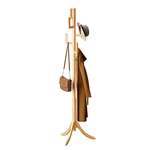 FILWH Coat Rack Freestanding Bamboo Coat Tree with 6 Hooks Adjustable Sizes Free Standing Coat Rack Super Easy Assembly Hallway Entryway Coat Hanger Stand for Clothes Suits(Natural)