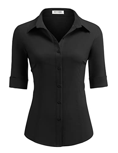 HOTOUCH Black Button Up Shirt Women 3/4 Sleeve Slim Fit Button Down Shirts Stretchy Dress Shirt (Black L)