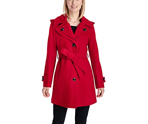 London Fog Women's Double Lapel Thigh Length Button FrontWool Coat with Belt, Red, X-Large