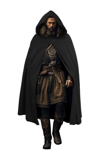 JEGERMIG Hobbit Hooded Black Cape Renaissance Medieval Cloak with Hood Halloween Costume