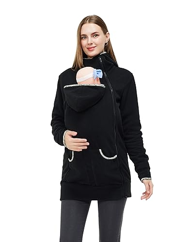 MaisMa Women's Fleece Zip Up Maternity Kangaroo Baby Carrier Hoodie Sweatshirt Jacket(Black-Flowers,L)