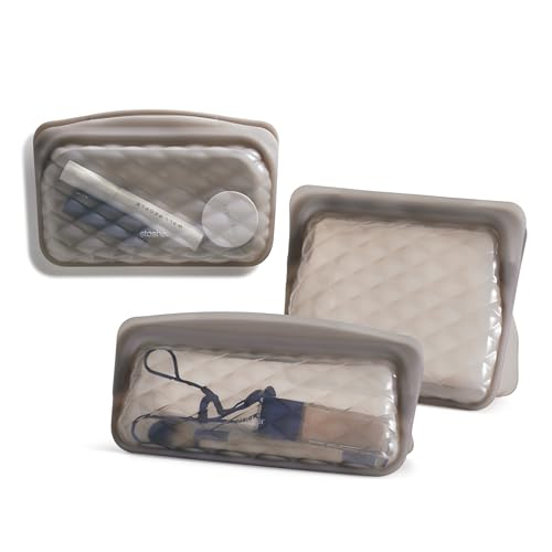 Stasher Reusable Silicone Makeup Bag, Storage Bag Organizer, Dishwasher Safe, Leak-free, Bundle 3-Pack, Taupe