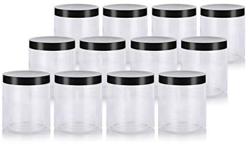 19 oz Clear PET Plastic Refillable Jar with Black Smooth Foam Lined Lids (12 pack)