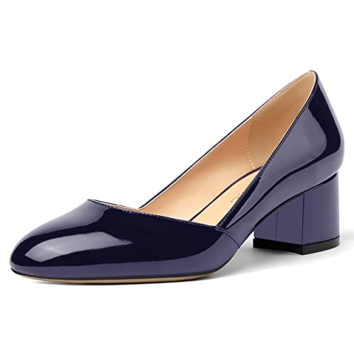 MODENCOCO Women's Navy Blue 2 Inch Patent Round Toe Slip On Low Heel Chunky Pumps Wedding Dress Shoes Size 8 - Zapatos de Mujer Tacon Alto