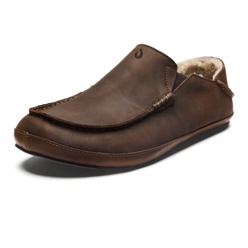 OLUKAI Moloa Slipper Men's Slippers, Premium Nubuck Leather Slip On Shoes, Shearling Lining & Gel Insert, Drop-In Heel Design, Dk Wood/Dk Wood, 10