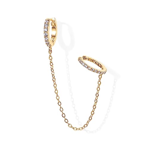 PAVOI 14K Yellow Gold Chain Earrings for Women | Dangle Chain Huggie Hoop Earrings | Cubic Zirconia Ear Cuff