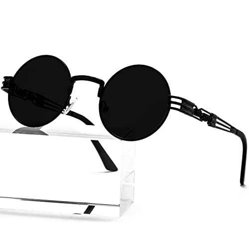 AIEYEZO Round Steampunk Sunglasses Circle Lennon Hippie Glasses Metal Frame 100% UV Blocking Lens (Black/Grey)