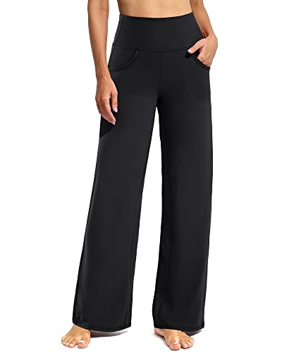 Promover Petite Wide Leg Black Pants for Women Stretchy Yoga Pants with Pockets High Waist Dress Work Pants(Black,S,28')