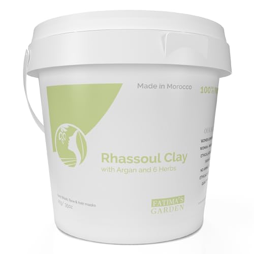 Rhassoul Clay by Fatima's Garden, 100% Natural Moroccan Ghassoul Clay Powder for Face, Hair & Hammam; enriched with Argan and 6 herbs, cleansing & softening & purifying for hamam - 35oz/1Kg