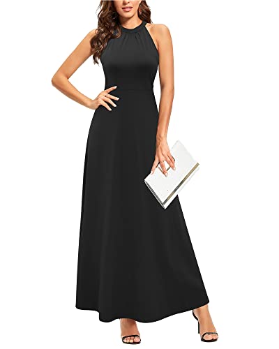 STYLEWORD Women's 2024 Black Formal Cocktail Dresses Summer Maxi Wedding Guest Halter Long Evening Dressy Outfits Clothes(Black,XL)