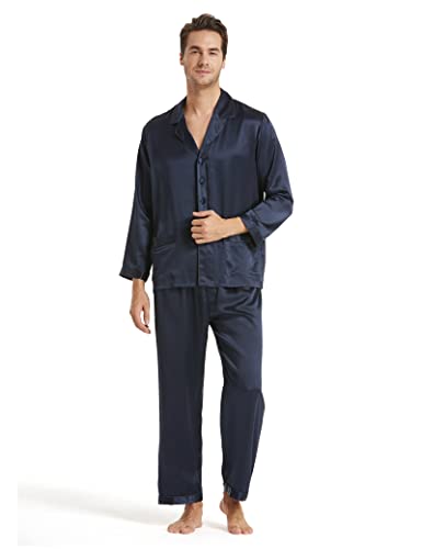 LilySilk Blue Silk Pajamas for Men 2 Piece Set Real 100 Soft Mulberry Sleepwear Lightweight Male Pjs X-Large