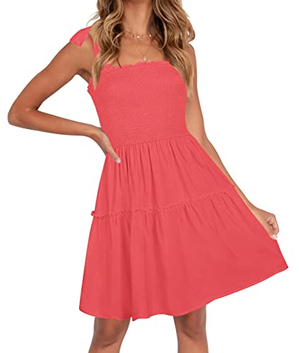 ZESICA Women's Summer Spaghetti Strap Sleeveless Square Neck Ruffle A Line Swing Mini Dress,Watermelon,Small