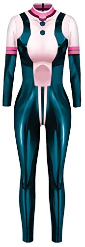 RONGJUN Womens MHA Cosplay Bodysuit Costume 3D Style Jumpsuit for Halloween Adult Outfits (Medium, Ochaco Uraraka)