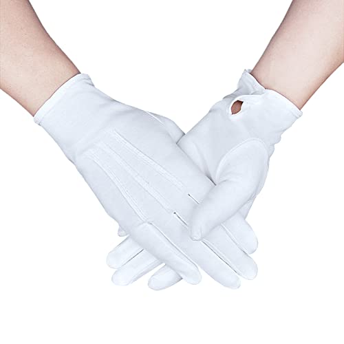 Zenssia Parade Gloves White Cotton Formal Tuxedo Costume Honor Guard Gloves with Snap Cuff, Coin Jewelry Silver Inspection Gloves 1 Pair