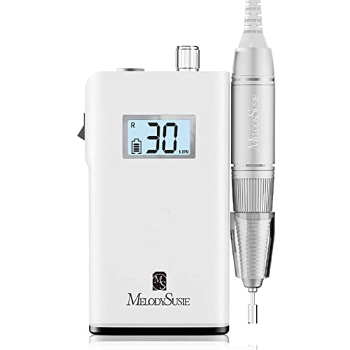 MelodySusie Professional Rechargeable 30000 rpm Nail Drill,SC320H Portable Electric E File Scamander, Acrylic Gel Grinder Tools with 6 Bits and Sanding Bands for Manicure Pedicure Carve Polish (White)