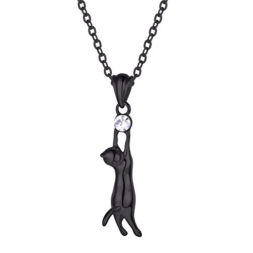 U7 Black Cat Necklace with Rhinestone Black Color Kitten Animal Pendant for Women Teen Girls Cat Lover Gift