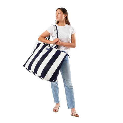 Fit & Fresh All The Things Weekender Bag for Women, Large Tote Bag For Women, Travel Bag For Women, Overnight Bag, Beach Bag, 22”x18”x12” Large Tote Bag With Compartments, Navy Stripe