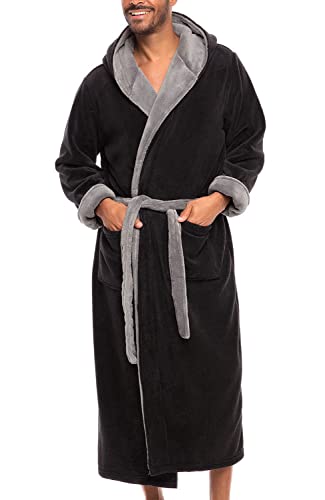 Alexander Del Rossa Men's Warm Fleece Robe with Hood, Big and Tall Bathrobe, Black with Gray 7X-8X (A0125BKS8X)