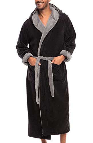 Alexander Del Rossa Men's Warm Fleece Robe with Hood, Big and Tall Bathrobe, Black with Gray 3X-4X (A0125BKS4X)