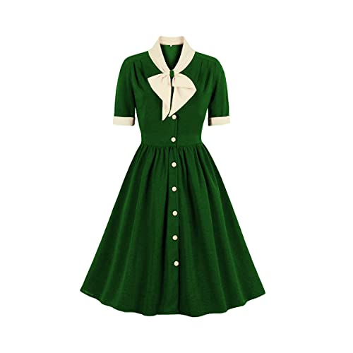 Women Short Sleeve Tie Neck Vintage Cocktail Party Dress Buttons Down 50s 60s 1950s Audrey Hepburn Rockabilly Short Prom Dress Casual Office Work Fit and Flared Dress A-Line Evening Gown Green-Tie S