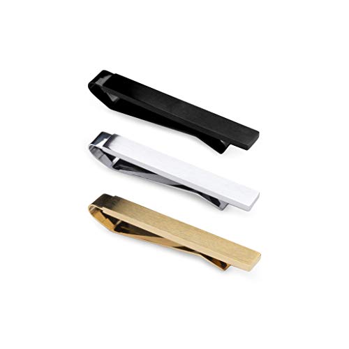 Würkin Stiffs The Slim Tie Bar Clip Set Set of 3 Brushed Finish Tie Clips | Includes (1) Gold, (1) Black, (1) Silver | Pack of 1.65” Long Necktie Clips | Gift for Men | As Seen on Shark Tank