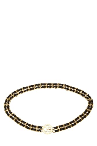 Chanel, Pre-Loved Gold & Black Leather Sunburst Double Chain Belt, Black