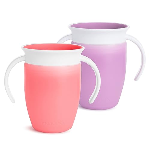 Munchkin Miracle 360 Trainer Sippy Cup with Handles, Spill Proof, 7 Ounce, 2 Pack, Pink/Purple