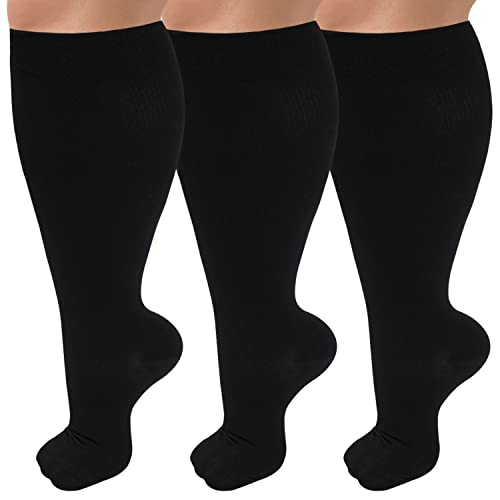 3 Pack Wide Calf Compression Socks for Women & Men, Plus Size Knee High Stockings for Circulation Support, Black 2XL