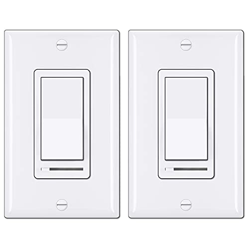 BESTTEN 2 Pack Dimmer Light Switch, Universal Lighting Control, Single Pole or 3 Way, Compatible with LED Dimmable Lamp, CFL, Incandescent, Halogen Bulb, Decorator Wallplate Included, White