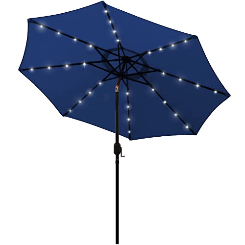 Blissun 9 ft Solar Umbrella 32 LED Lighted Patio Umbrella Table Market Umbrella with Tilt and Crank Outdoor Umbrella for Garden, Deck, Backyard, Pool and Beach (Navy Blue)