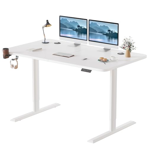 Furmax Electric Standing Desk 55x 24 Inches Height Adjustable Desk Computer Desk T-Shaped Metal Bracket Desk with Memory Settings, Wood Tabletop, and Holes for Routing Cables, White