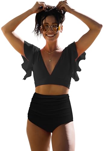 SPORLIKE Women Ruffle High Waist Swimsuit Two Pieces Push Up Black Bikini (Black,Medium)