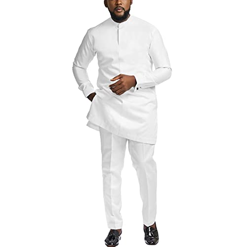 SEA&ALP African Suits for Men Slim Fit Dashiki Long Sleeve Shirt and Pant 2 Piece Attire Traditional Outfits White XL