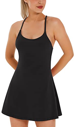 Womens Tennis Dress, Workout Dress with Built-in Bra & Shorts Pockets Summer Dress for Golf Athletic Dresses for Women Black