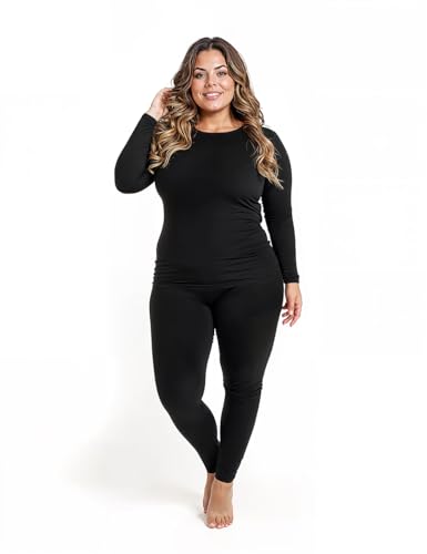 Thermajane Long Johns Thermal Underwear for Women Fleece Lined Base Layer Pajama Set Cold Weather (Medium, Black)