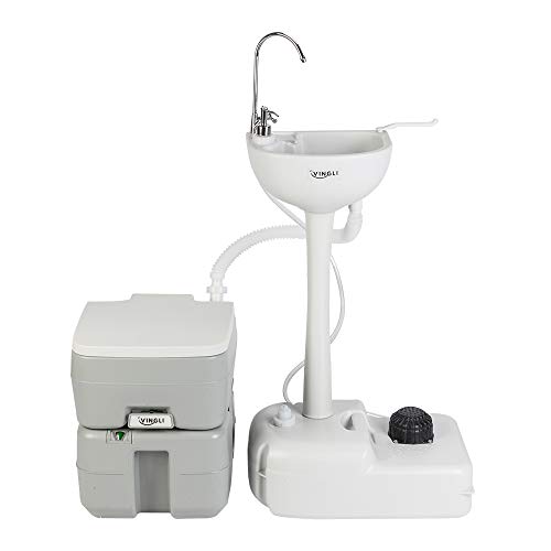 VINGLI Upgraded Portable Sink and Toilet Combo| Self-contained 5 Gal Hand Washing Station & 5.3 Gal Flushing Toilet, Perfect for Camping/RV/Boat/Road Tripper/Camper, Detachable & Lightweight