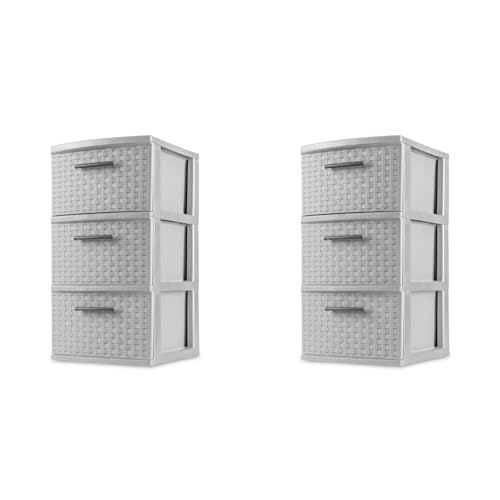 Sterilite 3 Drawer Weave Storage Tower, Plastic Decorative Drawers to Organize Clothes in Bedroom, Closet, Gray with Gray Drawers, 2-Pack