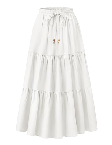 HAEOF Women's Summer Boho Elastic High Waist Maxi Skirt A-Line Flowy Swing Ruffle Tiered Long Beach Skirts with Pockets(White, S)