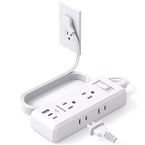 Flat Plug Power Strip, Ultra Thin Extension Cord, 6 Outlets 3 USB Ports(2 USB C), 5ft Multiple Outlet Extender with Wall Mount No Surge Protector for Dorm Room, Cruise, Travel Essentials
